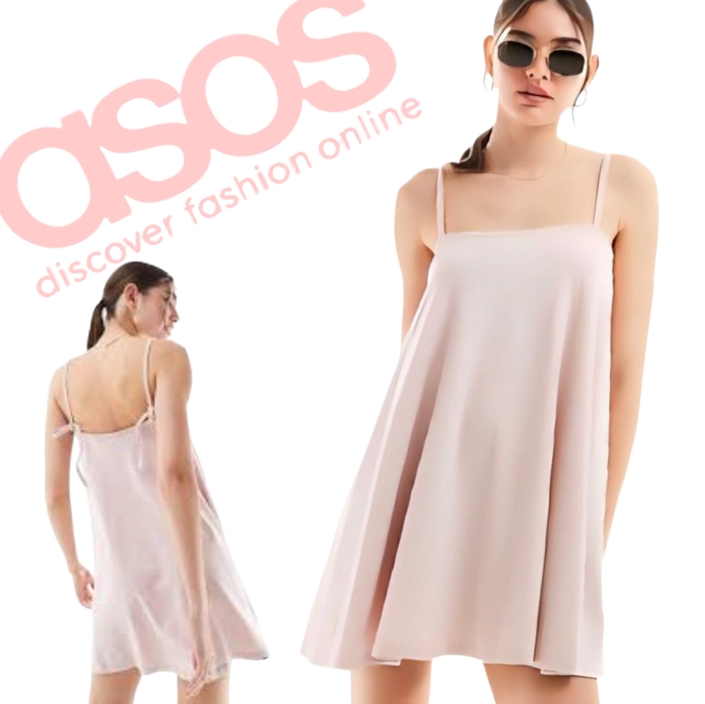 ASOS DESIGN Trapeze Mini Cami Dress Washed Pink Tie Straps Square Neck NWT Sz 4 - Picture 16 of 16